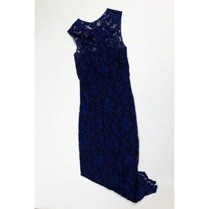 Nicole Miller Navy Blue Semi Sheer Bodice Allover Lace Sleeveless Midi Dress
